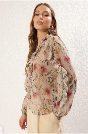 Multicolored Chiffon Sheer Floral Ruffle Shirt