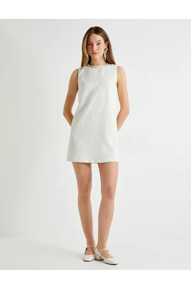 Mini Tweed Dress Sleeveless Round Neck Lined Slim Fit