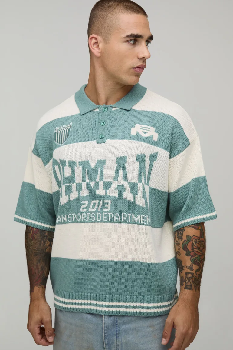 Oversized Varsity Jacquard Striped Knitted Polo - green