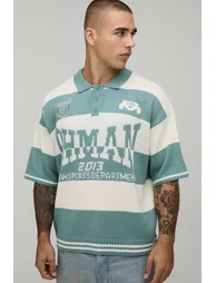 Oversized Varsity Jacquard Striped Knitted Polo - green