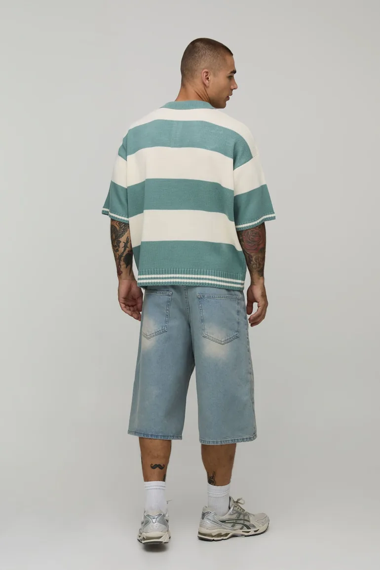 Oversized Varsity Jacquard Striped Knitted Polo - green - 1