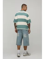 Oversized Varsity Jacquard Striped Knitted Polo - green - 1