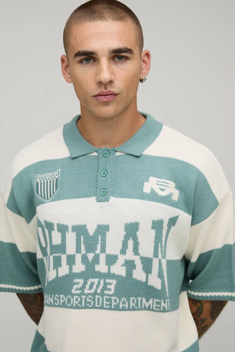 Oversized Varsity Jacquard Striped Knitted Polo - green - 2