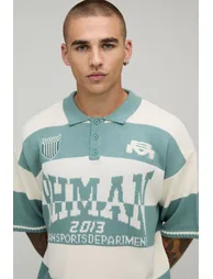 Oversized Varsity Jacquard Striped Knitted Polo - green - 2