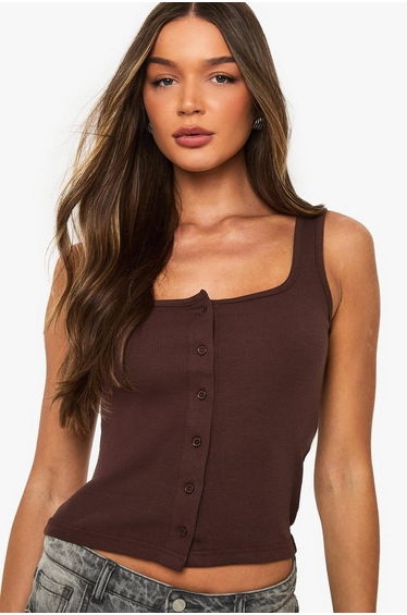 Rib Button Through Square Neck Top - chocolate