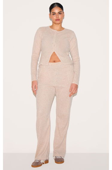 Plus Stone Brushed Rib Wide Leg Trousers