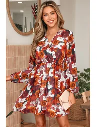 Lvness Red Floral Print Wrap V Neck Puff Sleeve Flowy Mini Dress