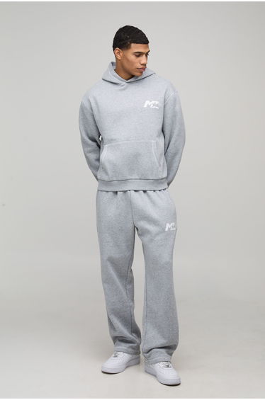 Oversized Boxy M Star Contrast Stitch Hooded Tracksuit - grey marl