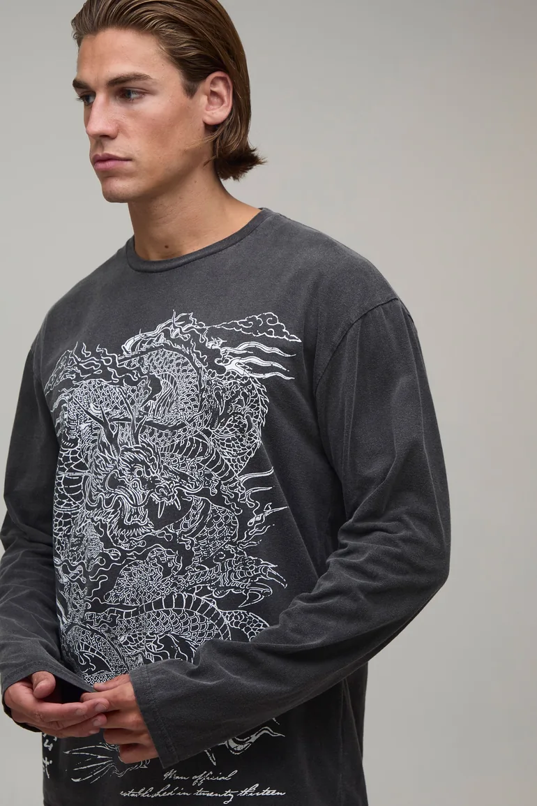 Oversized Dragon Print Washed Long Sleeve T-Shirt - charcoal - 2