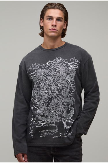 Oversized Dragon Print Washed Long Sleeve T-Shirt - charcoal