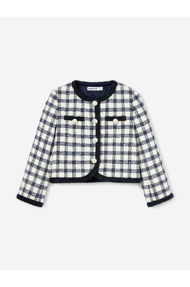 Self Portrait Girls Check Boucle Jacket in Navy