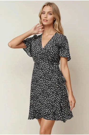 Ditsy Flower Pattern V-Neck Viscose Mini Dress