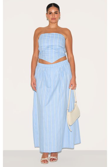 Plus Blue Cotton Poplin Bandeau Ruched Front Top