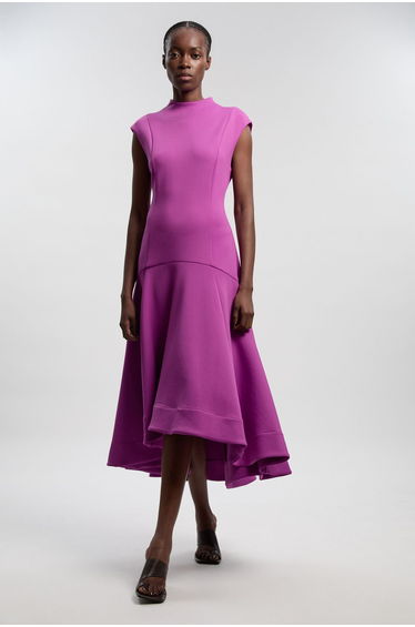 Scuba Dipped Ruffle Hem Woven Maxi Dress