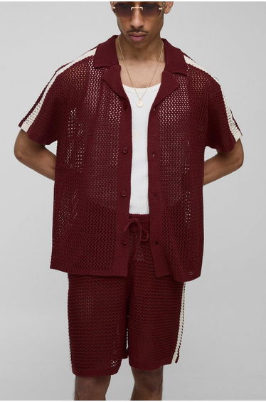 Boxy Fit Revere Collar Stripe Side Knitted Short Polo Set - burgundy