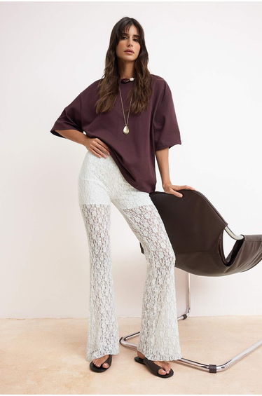 Ecru Flare/Spanish Flare Buttoned High Waist Lace Knitted Trousers