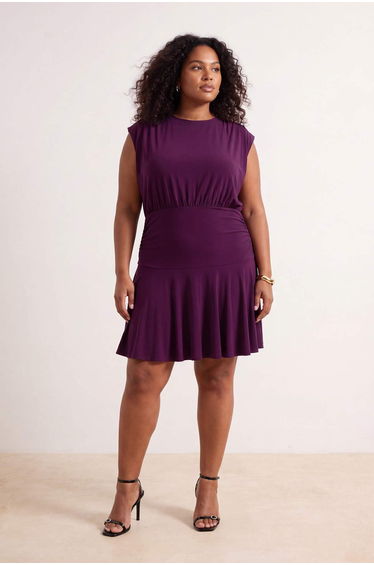 Plum Ruched Waist Detailed Mini Knitted Plus Size Dress