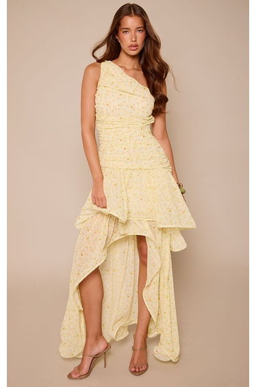 Lemon Floral Printed One Shoulder Maxi Dress