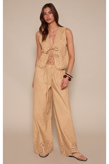 Taupe Cotton Broderie Wide Leg Trouser Co-ord