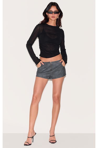 Charcoal Textured Faux Leather Zip Front Low Rise Hot Pants