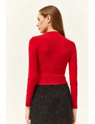 Women's Red High Neck Gathered Detailed Lycra Blouse - 3