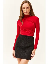 Women's Red High Neck Gathered Detailed Lycra Blouse