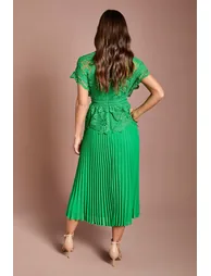 Collared Lace Top Pleated Skirt Midi Dress - 2