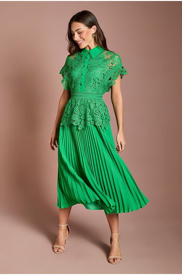 Collared Lace Top Pleated Skirt Midi Dress