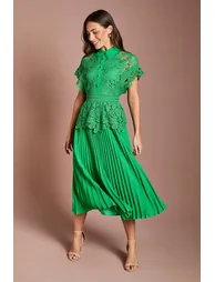 Collared Lace Top Pleated Skirt Midi Dress