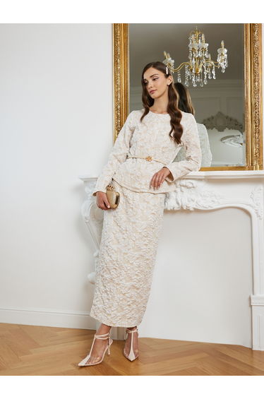 Women Floral Jacquard Belted Top and Skirt Co-Ords