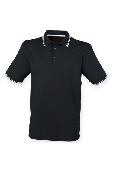 Henbury Mens Coolplus Moisture Wicking Short Sleeve Polo Shirt - Black/White