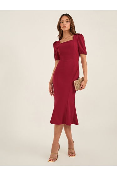 Square Neck Puff Sleeve Mermaid Hem Midi Dress