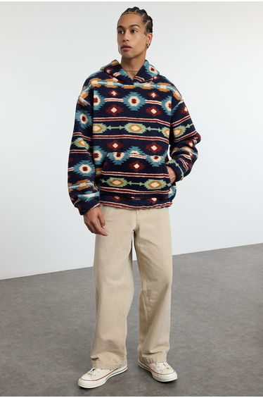 Navy Blue Unisex Oversize/Wide Cut Patterned Sherpa Sweatshirt