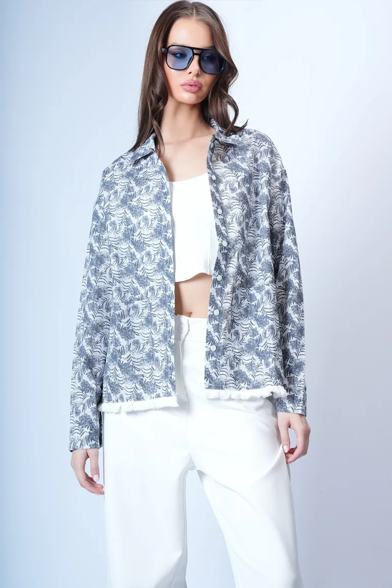 Women's Ecru Gray Double Pocket Floral Pattern Jacket Shirt