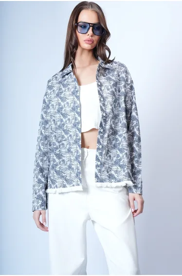 Women's Ecru Gray Double Pocket Floral Pattern Jacket Shirt