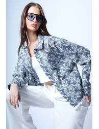 Women's Ecru Gray Double Pocket Floral Pattern Jacket Shirt - 5