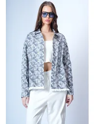 Women's Ecru Gray Double Pocket Floral Pattern Jacket Shirt - 2