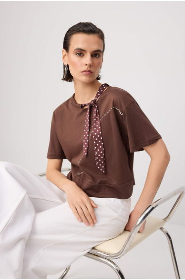 Brown Thick Cotton Cherry Print Halter Neck Detailed Knitted T-Shirt