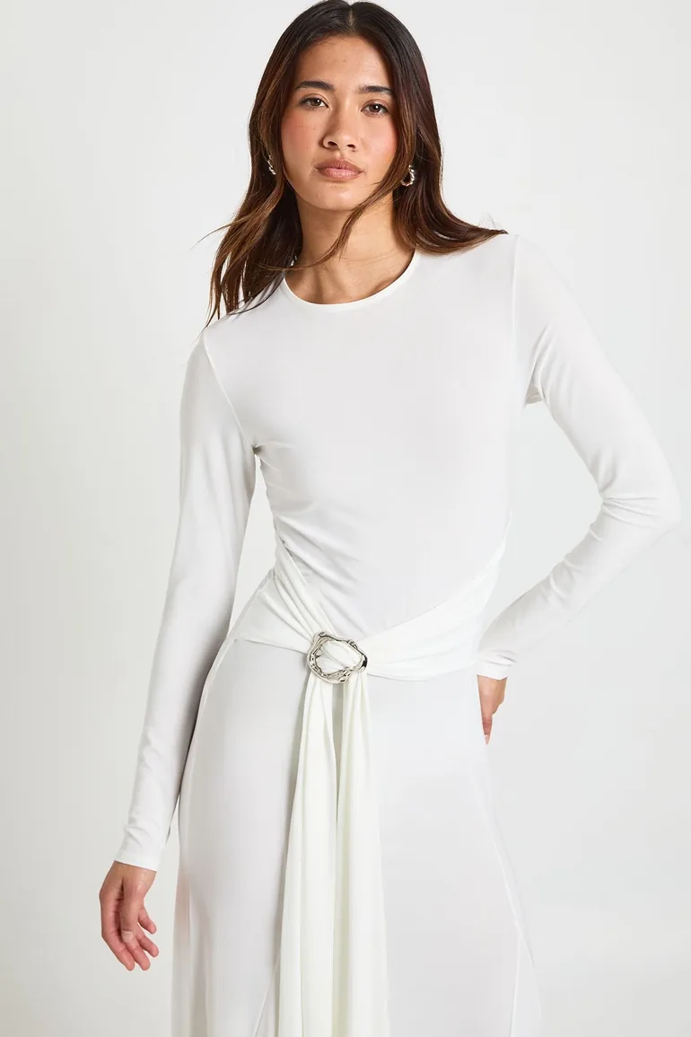 Slinky Long Sleeve O Ring Tie Waist Maxi Dress - ivory - 2