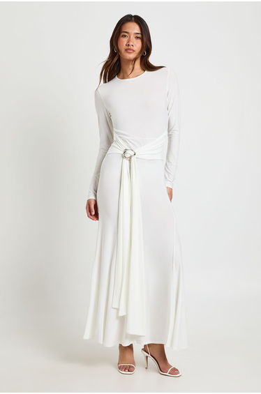 Slinky Long Sleeve O Ring Tie Waist Maxi Dress - ivory