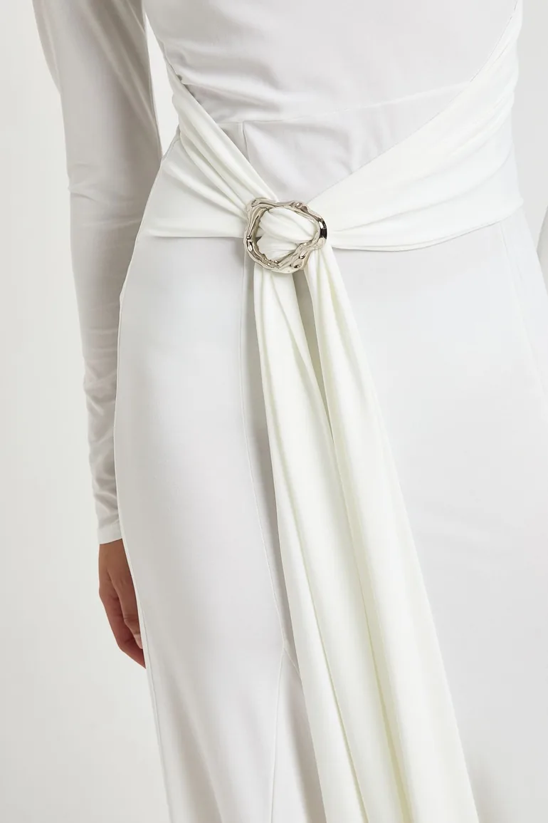 Slinky Long Sleeve O Ring Tie Waist Maxi Dress - ivory - 3