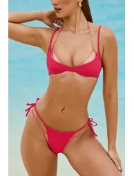 Metallic Layered Thong Bikini Bottoms in Fuchsia