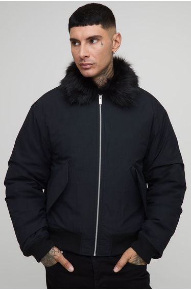 Tall Faux Fur Collar Regular Fit Bomber Jacket - black