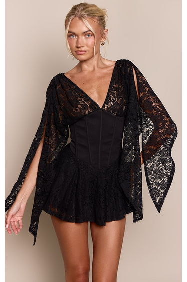 Black Corset Waist Lace Drape Sleeve Mini Dress