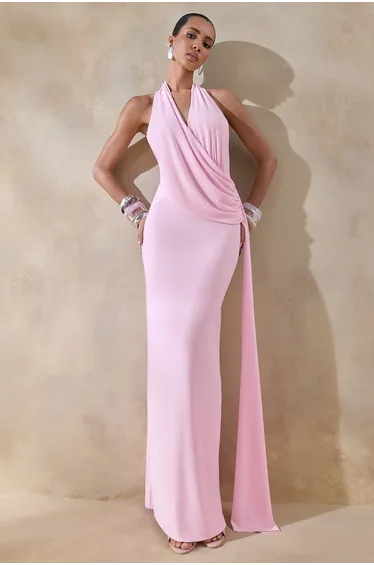 فستان ماكسي بثنيات بحزام طويل بياقة هالتر - زهري