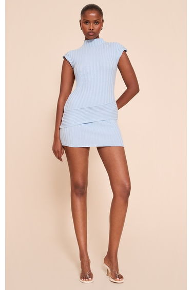 Blue Ribbed Knit Mini Skirt
