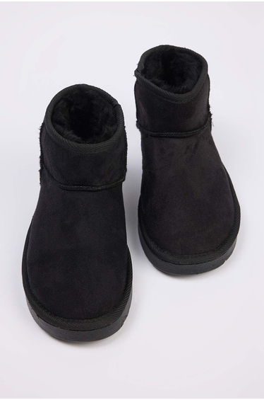 Black Fur Lined Round Toe Flat Heel Women's Boots