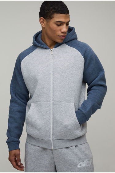 Regular Fit Raglan Sleeve Zip Thru Hoodie - grey marl