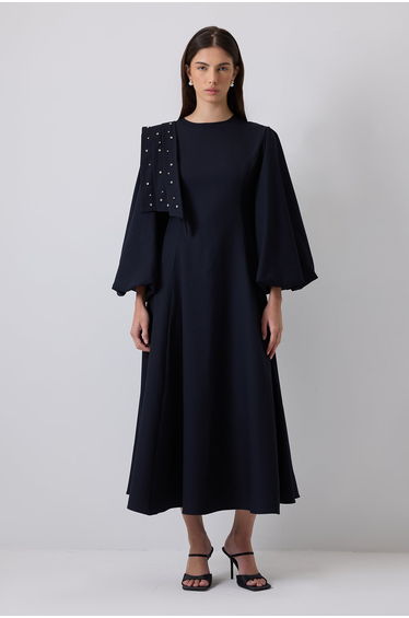 STONE EMBROIDERED BALLOON SLEEVED DRESS