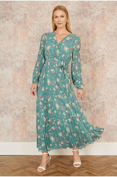 Yumi Mint Green Floral Pleated Long Sleeve Wrap Over Midaxi Dress